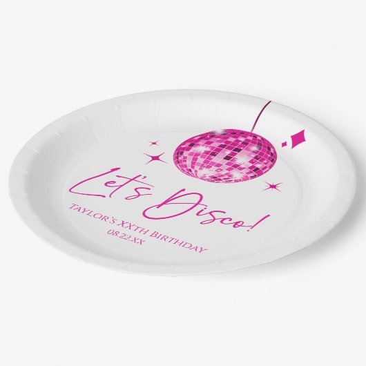 Roze Disco Ball Laten we Disco Verjaardagsfeestje Papieren Bordje (Gekanteld)