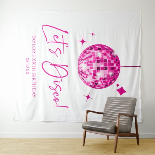 Roze Disco Ball Laten we Disco Verjaardagsfeestje Wandkleed (In Situ (horizontaal))