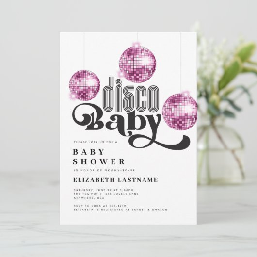 Roze Disco Ball Retro Disco Baby shower Kaart (Staand voorkant)