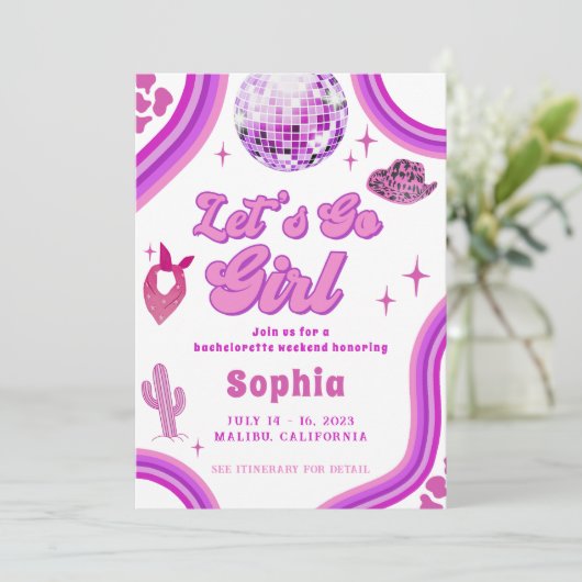 Roze Disco Cowgirl Bachelorette Rodeo Weekend Kaart (Staand voorkant)