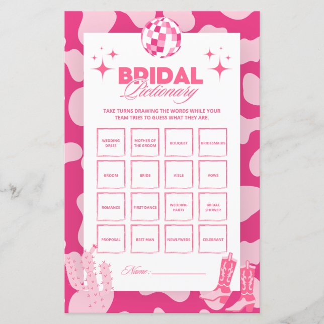 Roze Disco Cowgirl Bridal Pictionary Game Kaarten (Voorkant)