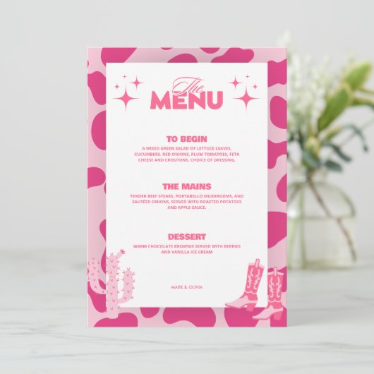 Roze Disco Cowgirl Retro Bruiloft Menu Kaarten (Staand voorkant)