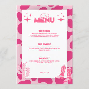 Roze Disco Cowgirl Retro Bruiloft Menu Kaarten