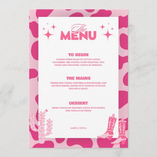 Roze Disco Cowgirl Retro Trouw Menu Kaarten (Voorkant)