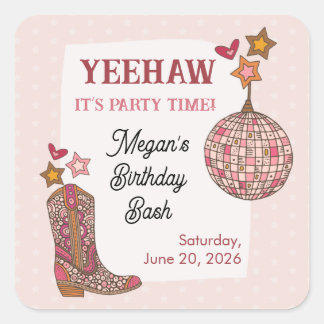 Roze Disco Cowgirl Verjaardagssticker Vierkante Sticker