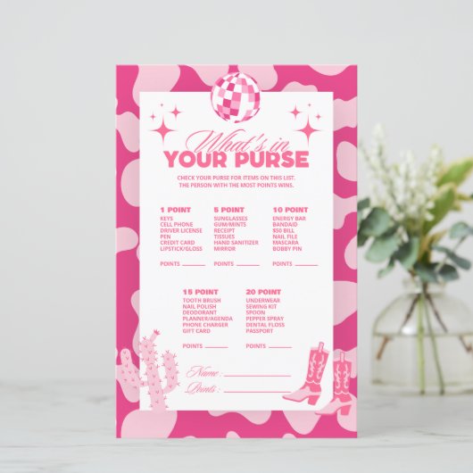 Roze Disco Cowgirl Wat zit er in je tas spel Kaart (Staand voorkant)