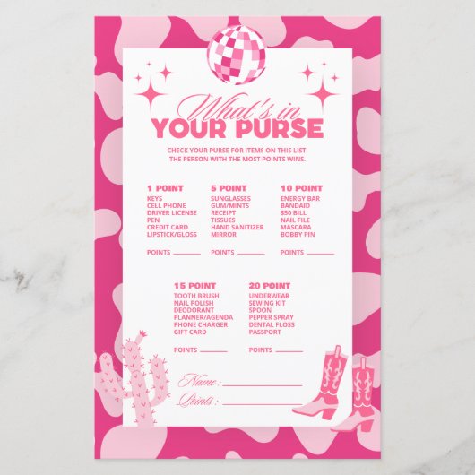 Roze Disco Cowgirl Wat zit er in je tas spel Kaart (Voorkant)