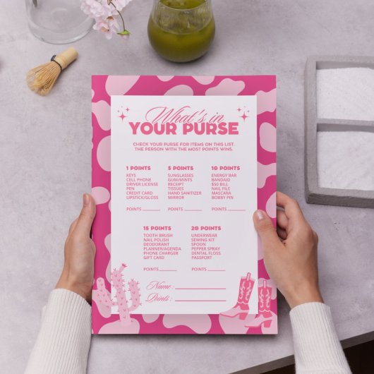 Roze Disco Cowgirl Wat zit er in je tas spel Kaart