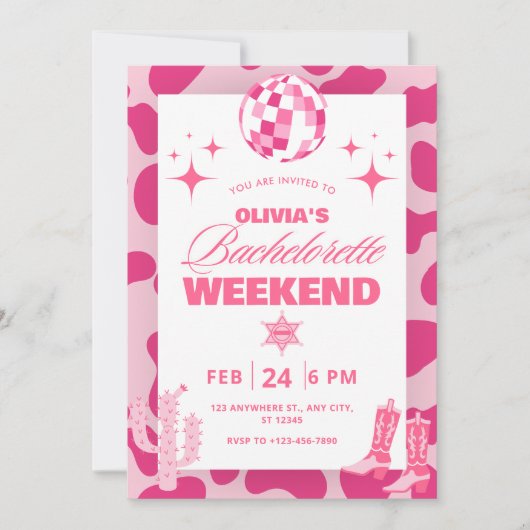 Roze Disco Cowgirl Weekend Route Uitnodiging (Voorkant)