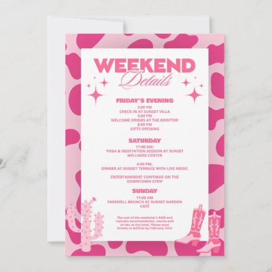 Roze Disco Cowgirl Weekend Route Uitnodiging (Achterkant)