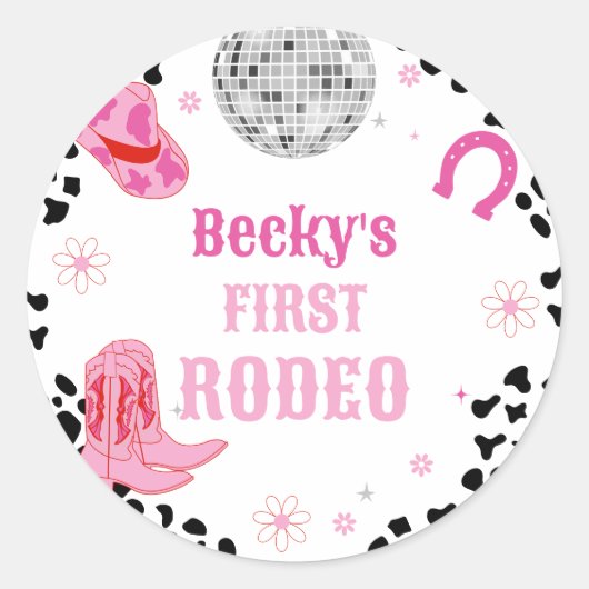 Roze Disco Eerste Rodeo Cowgirl 1e Verjaardag Ronde Sticker (Voorkant)