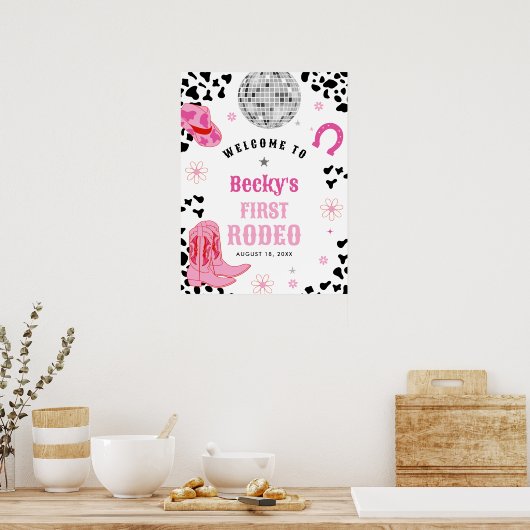 Roze Disco Eerste Rodeo Meisje 1e Verjaardag Welko Poster (Keuken)