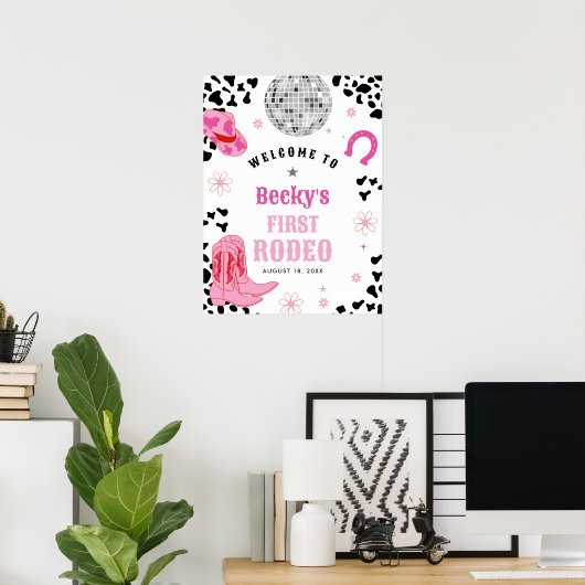 Roze Disco Eerste Rodeo Meisje 1e Verjaardag Welko Poster (Thuiskantoor)