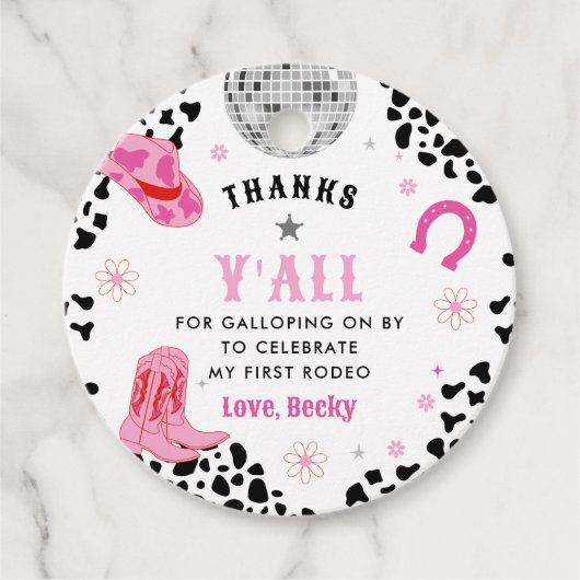 Roze Disco Eerste Rodeo Western Meisje Eerste Verj Bedankjes Labels (Voorkant)
