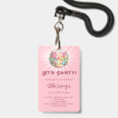 Roze disco feest verjaardagsuitnodiging badge (Voorzijde met lanyard)