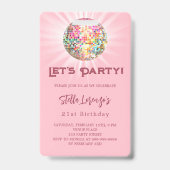 Roze disco feest verjaardagsuitnodiging badge (Voorzijde)