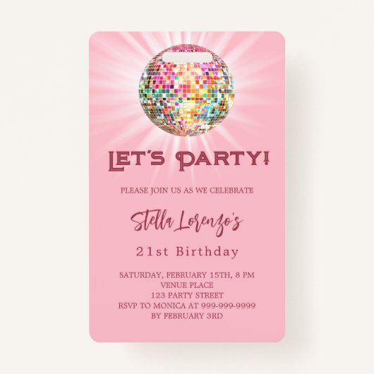 Roze disco feest verjaardagsuitnodiging badge (Voorkant)