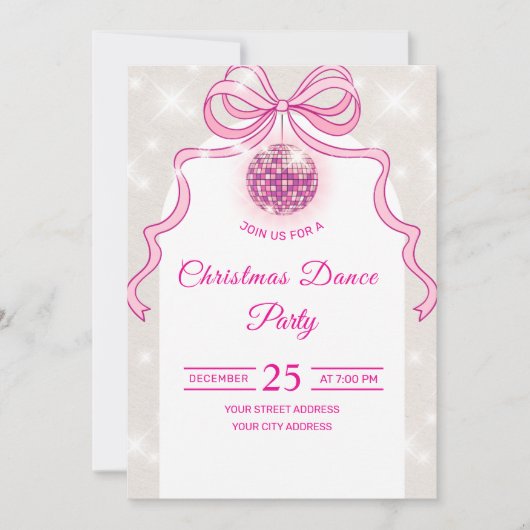 Roze Disco Glitter Meisjes Kerstfeest Uitnodiging (Voorkant)