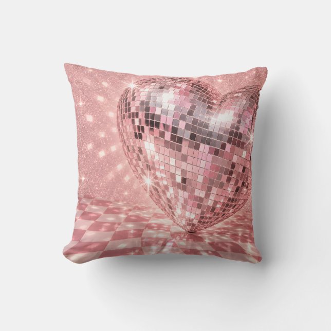 Roze Disco Hart Spiegel Glans Kussen (Voorkant)