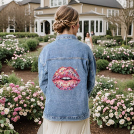 Roze disco lippen denim jacket