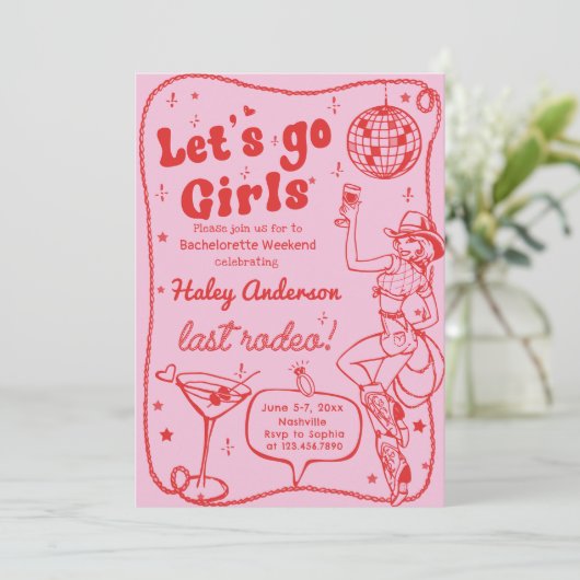 Roze Disco Rodeo Cowgirl Bachelorette Weekend Kaart (Staand voorkant)