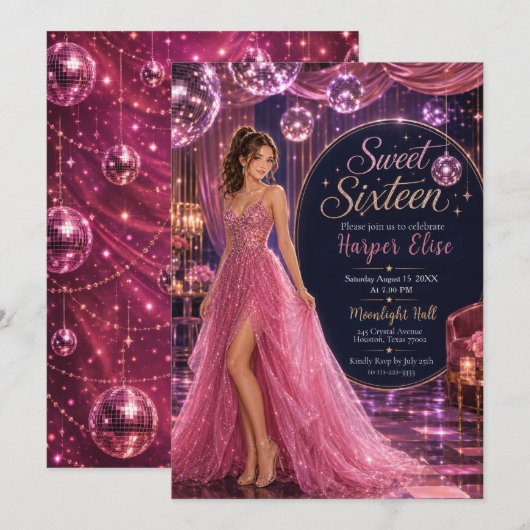 Roze Disco Sweet 16 Prinsessenfeest Kaart (Voorkant / Achterkant)
