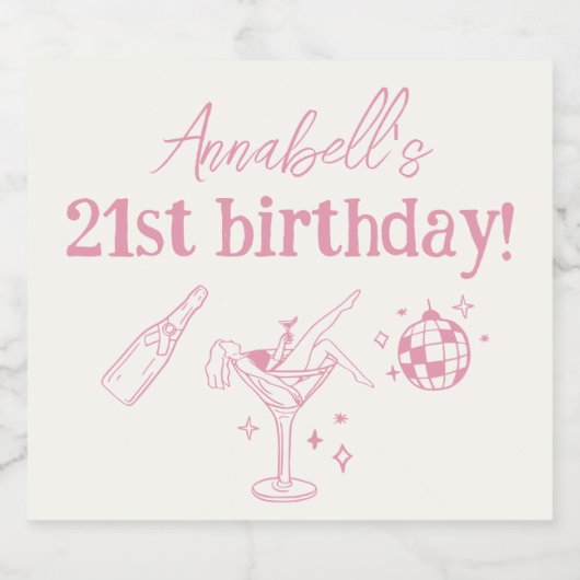 Roze Disco Verjaardagsfeestje Moderne Hand getrokk Sparkling Wijnetiket (Enkel label)