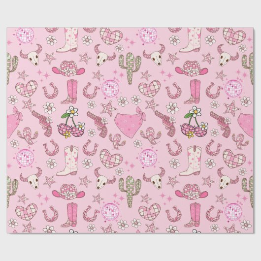 Roze Disco Western Cowgirl Patroon Cadeaupapier (Vlak)