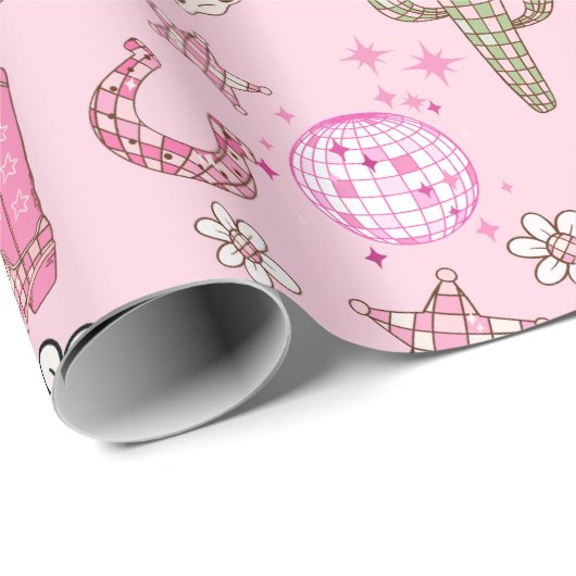 Roze Disco Western Cowgirl Patroon Cadeaupapier (Rol Hoek)