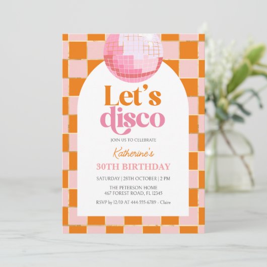Roze Discobal 30e verjaardag uitnodiging (Staand voorkant)