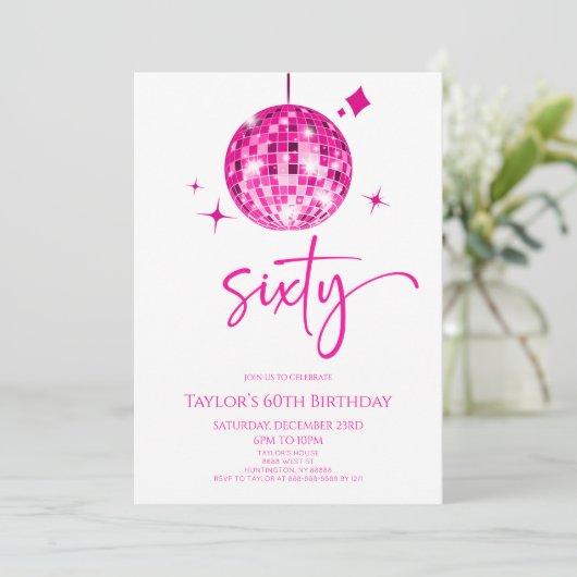 Roze discobal 60e verjaardagsfeest kaart (Staand voorkant)