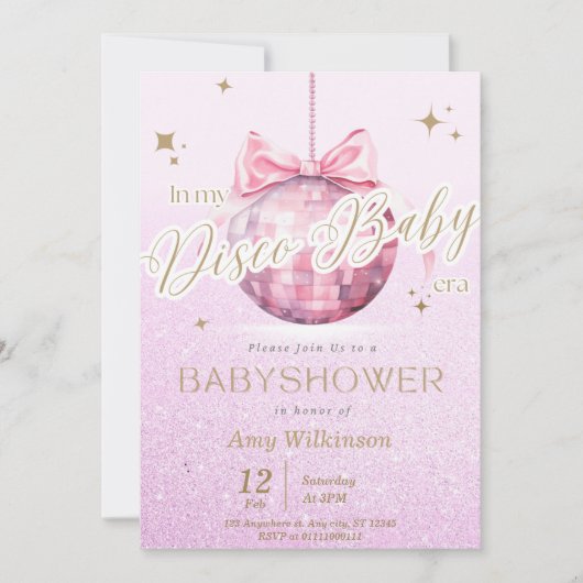 Roze Discoball Babyshower Uitnodiging TS (Voorkant)