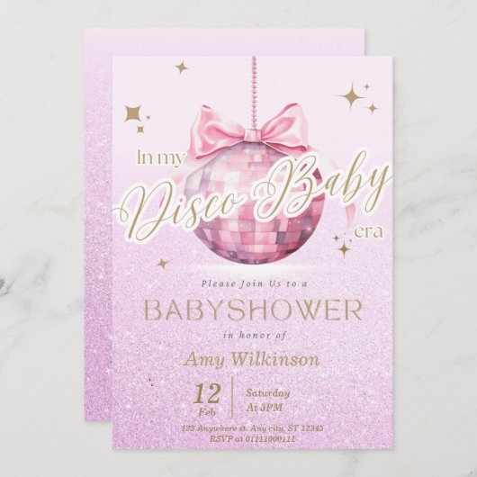 Roze Discoball Babyshower Uitnodiging TS (Voorkant / Achterkant)