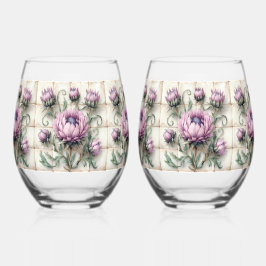 Roze Distel Bloemen Tegel Wijnglas Zonder Voet
