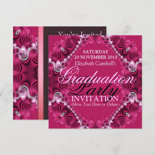 Roze Diva Fractal Lace Graduation Party Uitnodigin Kaart (Voorkant / Achterkant)