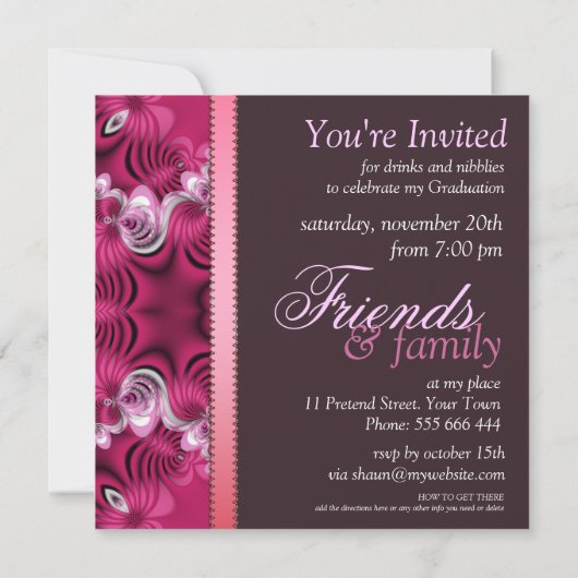 Roze Diva Fractal Lace Graduation Party Uitnodigin Kaart (Achterkant)