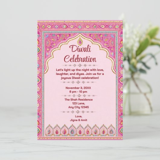 Roze Diwali Traditioneel Diwali feest Kaart (Staand voorkant)