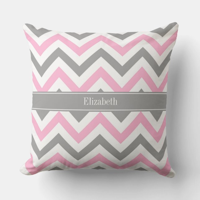 Roze Dk Gray White LG Chevron Gray Name Monogram Kussen (Voorkant)