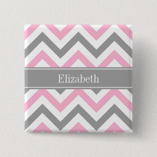 Roze Dk Gray White LG Chevron Gray Name Monogram Vierkante Button 5,1 Cm