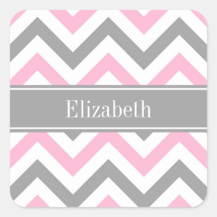 Roze Dk Gray White LG Chevron Gray Name Monogram Vierkante Sticker