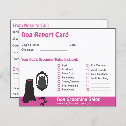 Roze Dog en Mirror Dog Grooming Report Kaart (Voorkant / Achterkant)