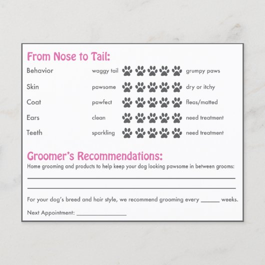 Roze Dog en Mirror Dog Grooming Report Kaart (Achterkant)