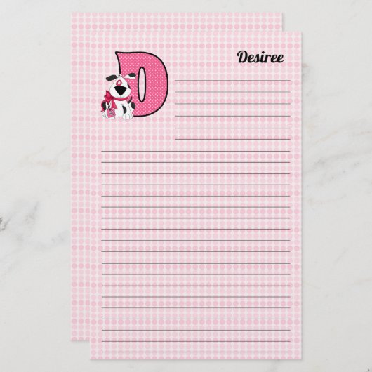 Roze Dog Mongrammed Letter D Lined Briefpapier (Voorkant / Achterkant)