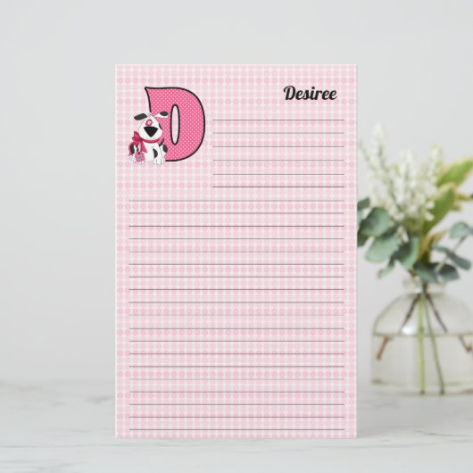 Roze Dog Mongrammed Letter D Lined Briefpapier (Staand voorkant)