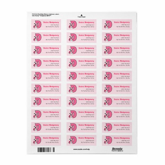 Roze Dog Monogram Letter D Adres Etiket (Full Sheet)