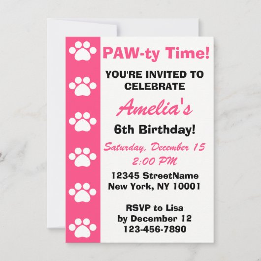 Roze - Dog of Cat Thmed Birthday Party Invitation Kaart (Voorkant)