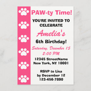 Roze - Dog of Cat Thmed Birthday Party Invitation Kaart