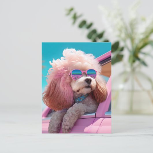 Roze Dog Ride-a-long Briefkaart (Staand voorkant)