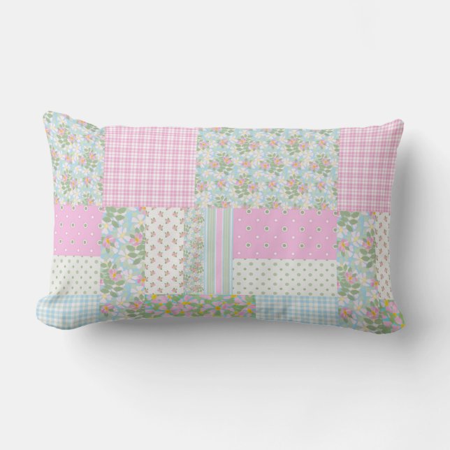  Roze Dog Roos Faux Patchwork Lumbar Kussens (Voorkant)