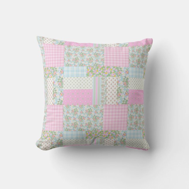Roze Dogroses Faux Patchwork Cushion of Pillow Kussen (Voorkant)